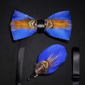 Blue Feather Bow Tie Set Gold Accent Formal Bowtie with Lapel Pin